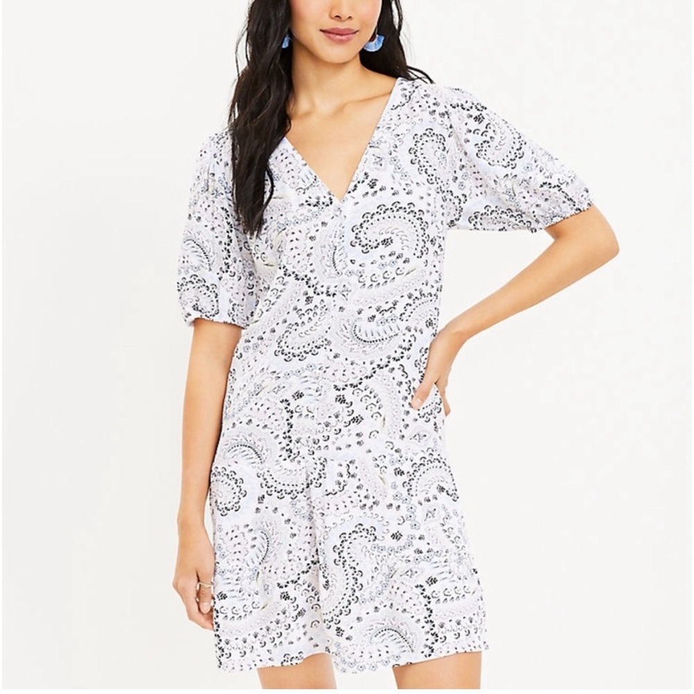 Loft Paisley Puff Sleeve Button Swing Dress